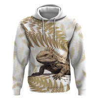 Gold New Zealand Tuatara Zip Hoodie Aotearoa Sphenodon Punctatus Silver Fern LT14 Pullover Hoodie Gold - Polynesian Pride