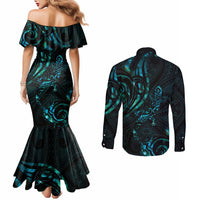New Zealand Skink Couples Matching Mermaid Dress and Long Sleeve Button Shirt Aotearoa Maori Mix Paua Shell LT14 - Polynesian Pride