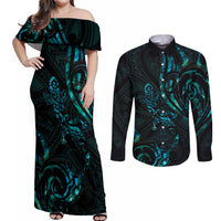 New Zealand Skink Couples Matching Off Shoulder Maxi Dress and Long Sleeve Button Shirt Aotearoa Maori Mix Paua Shell LT14 Blue - Polynesian Pride