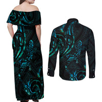 New Zealand Skink Couples Matching Off Shoulder Maxi Dress and Long Sleeve Button Shirt Aotearoa Maori Mix Paua Shell LT14 - Polynesian Pride