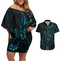 New Zealand Skink Couples Matching Off Shoulder Short Dress and Hawaiian Shirt Aotearoa Maori Mix Paua Shell LT14 Blue - Polynesian Pride