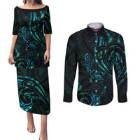 New Zealand Skink Couples Matching Puletasi and Long Sleeve Button Shirt Aotearoa Maori Mix Paua Shell LT14 Blue - Polynesian Pride