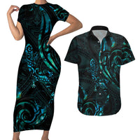 New Zealand Skink Couples Matching Short Sleeve Bodycon Dress and Hawaiian Shirt Aotearoa Maori Mix Paua Shell LT14 Blue - Polynesian Pride
