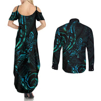 New Zealand Skink Couples Matching Summer Maxi Dress and Long Sleeve Button Shirt Aotearoa Maori Mix Paua Shell LT14 - Polynesian Pride
