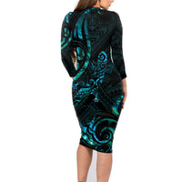 New Zealand Skink Family Matching Long Sleeve Bodycon Dress and Hawaiian Shirt - Aotearoa Maori Mix Paua Shell LT14 - Polynesian Pride