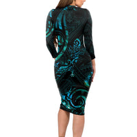 New Zealand Skink Long Sleeve Bodycon Dress Aotearoa Maori Mix Paua Shell LT14 - Polynesian Pride