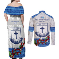 Fiji Holy Cross College Couples Matching Off Shoulder Maxi Dress and Long Sleeve Button Shirts Happy 50th Anniversary Fijian Tagimoucia Tapa Pattern LT14 - Polynesian Pride