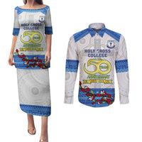 Fiji Holy Cross College Couples Matching Puletasi Dress and Long Sleeve Button Shirts Happy 50th Anniversary Fijian Tagimoucia Tapa Pattern LT14 White - Polynesian Pride