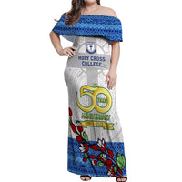 Fiji Holy Cross College Off Shoulder Maxi Dress Happy 50th Anniversary Fijian Tagimoucia Tapa Pattern LT14 Women White - Polynesian Pride