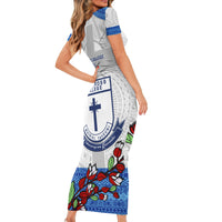 Fiji Holy Cross College Short Sleeve Bodycon Dress Happy 50th Anniversary Fijian Tagimoucia Tapa Pattern LT14 - Polynesian Pride