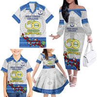 Personalised Fiji Holy Cross College Family Matching Off Shoulder Long Sleeve Dress and Hawaiian Shirt Happy 50th Anniversary Fijian Tagimoucia Tapa Pattern LT14 - Polynesian Pride