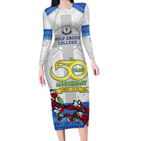 Personalised Fiji Holy Cross College Long Sleeve Bodycon Dress Happy 50th Anniversary Fijian Tagimoucia Tapa Pattern LT14 Long Dress White - Polynesian Pride