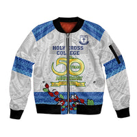Personalised Fiji Holy Cross College Sleeve Zip Bomber Jacket Happy 50th Anniversary Fijian Tagimoucia Tapa Pattern LT14 Unisex White - Polynesian Pride