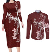 Oxblood Hawaii Couples Matching Long Sleeve Bodycon Dress and Long Sleeve Button Shirt Hammerhead Shark Tattoo Curve Polynesian LT14 Oxblood - Polynesian Pride