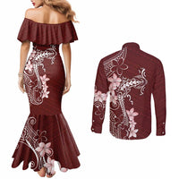 Oxblood Hawaii Couples Matching Mermaid Dress and Long Sleeve Button Shirt Hammerhead Shark Tattoo Curve Polynesian LT14 - Polynesian Pride