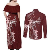 Oxblood Hawaii Couples Matching Off Shoulder Maxi Dress and Long Sleeve Button Shirt Hammerhead Shark Tattoo Curve Polynesian LT14 - Polynesian Pride
