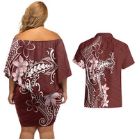Oxblood Hawaii Couples Matching Off Shoulder Short Dress and Hawaiian Shirt Hammerhead Shark Tattoo Curve Polynesian LT14 - Polynesian Pride