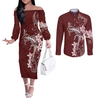 Oxblood Hawaii Couples Matching Off The Shoulder Long Sleeve Dress and Long Sleeve Button Shirt Hammerhead Shark Tattoo Curve Polynesian LT14 Oxblood - Polynesian Pride