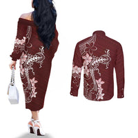 Oxblood Hawaii Couples Matching Off The Shoulder Long Sleeve Dress and Long Sleeve Button Shirt Hammerhead Shark Tattoo Curve Polynesian LT14 - Polynesian Pride
