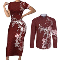 Oxblood Hawaii Couples Matching Short Sleeve Bodycon Dress and Long Sleeve Button Shirt Hammerhead Shark Tattoo Curve Polynesian LT14 Oxblood - Polynesian Pride