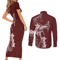 Oxblood Hawaii Couples Matching Short Sleeve Bodycon Dress and Long Sleeve Button Shirt Hammerhead Shark Tattoo Curve Polynesian LT14 - Polynesian Pride