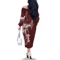 Oxblood Hawaii Family Matching Off The Shoulder Long Sleeve Dress and Hawaiian Shirt Hammerhead Shark Tattoo Curve Polynesian LT14 - Polynesian Pride