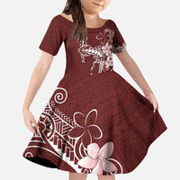 Oxblood Hawaii Family Matching Off Shoulder Maxi Dress and Hawaiian Shirt Hammerhead Shark Tattoo Curve Polynesian LT14 Daughter's Dress Oxblood - Polynesian Pride