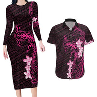Pink Hawaii Couples Matching Long Sleeve Bodycon Dress and Hawaiian Shirt Hammerhead Shark Tattoo Curve Polynesian LT14 Pink - Polynesian Pride