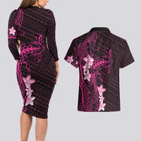 Pink Hawaii Couples Matching Long Sleeve Bodycon Dress and Hawaiian Shirt Hammerhead Shark Tattoo Curve Polynesian LT14 - Polynesian Pride