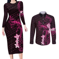 Pink Hawaii Couples Matching Long Sleeve Bodycon Dress and Long Sleeve Button Shirt Hammerhead Shark Tattoo Curve Polynesian LT14 Pink - Polynesian Pride