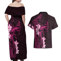 Pink Hawaii Couples Matching Off Shoulder Maxi Dress and Hawaiian Shirt Hammerhead Shark Tattoo Curve Polynesian LT14 - Polynesian Pride