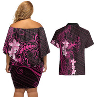 Pink Hawaii Couples Matching Off Shoulder Short Dress and Hawaiian Shirt Hammerhead Shark Tattoo Curve Polynesian LT14 - Polynesian Pride