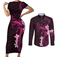 Pink Hawaii Couples Matching Short Sleeve Bodycon Dress and Long Sleeve Button Shirt Hammerhead Shark Tattoo Curve Polynesian LT14 Pink - Polynesian Pride