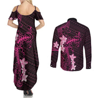 Pink Hawaii Couples Matching Summer Maxi Dress and Long Sleeve Button Shirt Hammerhead Shark Tattoo Curve Polynesian - Polynesian Pride