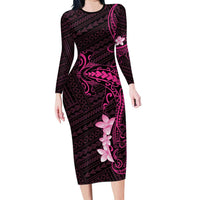 Pink Hawaii Family Matching Long Sleeve Bodycon Dress and Hawaiian Shirt Hammerhead Shark Tattoo Curve Polynesian LT14 Mom's Dress Pink - Polynesian Pride
