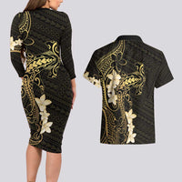 Black and Gold Hawaii Couples Matching Long Sleeve Bodycon Dress and Hawaiian Shirt Hammerhead Shark Tattoo Curve Polynesian LT14 - Polynesian Pride
