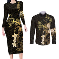 Black and Gold Hawaii Couples Matching Long Sleeve Bodycon Dress and Long Sleeve Button Shirt Hammerhead Shark Tattoo Curve Polynesian LT14 Black - Polynesian Pride