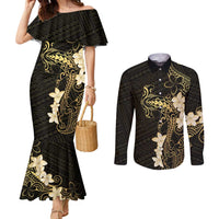 Black and Gold Hawaii Couples Matching Mermaid Dress and Long Sleeve Button Shirt Hammerhead Shark Tattoo Curve Polynesian LT14 Black - Polynesian Pride