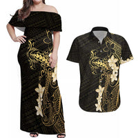 Black and Gold Hawaii Couples Matching Off Shoulder Maxi Dress and Hawaiian Shirt Hammerhead Shark Tattoo Curve Polynesian LT14 Black - Polynesian Pride