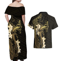 Black and Gold Hawaii Couples Matching Off Shoulder Maxi Dress and Hawaiian Shirt Hammerhead Shark Tattoo Curve Polynesian LT14 - Polynesian Pride
