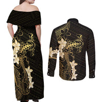 Black and Gold Hawaii Couples Matching Off Shoulder Maxi Dress and Long Sleeve Button Shirt Hammerhead Shark Tattoo Curve Polynesian LT14 - Polynesian Pride