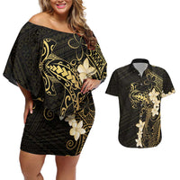 Black and Gold Hawaii Couples Matching Off Shoulder Short Dress and Hawaiian Shirt Hammerhead Shark Tattoo Curve Polynesian LT14 Black - Polynesian Pride