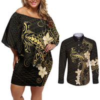 Black and Gold Hawaii Couples Matching Off Shoulder Short Dress and Long Sleeve Button Shirt Hammerhead Shark Tattoo Curve Polynesian LT14 Black - Polynesian Pride