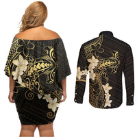 Black and Gold Hawaii Couples Matching Off Shoulder Short Dress and Long Sleeve Button Shirt Hammerhead Shark Tattoo Curve Polynesian LT14 - Polynesian Pride