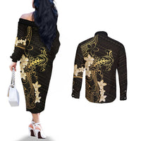 Black and Gold Hawaii Couples Matching Off The Shoulder Long Sleeve Dress and Long Sleeve Button Shirt Hammerhead Shark Tattoo Curve Polynesian LT14 - Polynesian Pride
