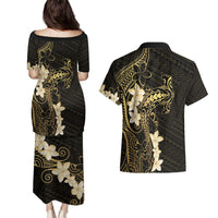 Black and Gold Hawaii Couples Matching Puletasi and Hawaiian Shirt Hammerhead Shark Tattoo Curve Polynesian LT14 - Polynesian Pride