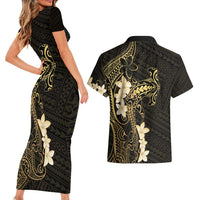 Black and Gold Hawaii Couples Matching Short Sleeve Bodycon Dress and Hawaiian Shirt Hammerhead Shark Tattoo Curve Polynesian LT14 - Polynesian Pride