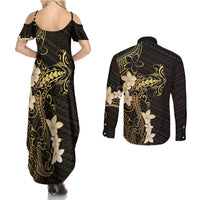 Black and Gold Hawaii Couples Matching Summer Maxi Dress and Long Sleeve Button Shirt Hammerhead Shark Tattoo Curve Polynesian LT14 - Polynesian Pride