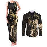 Black and Gold Hawaii Couples Matching Tank Maxi Dress and Long Sleeve Button Shirt Hammerhead Shark Tattoo Curve Polynesian LT14 Black - Polynesian Pride