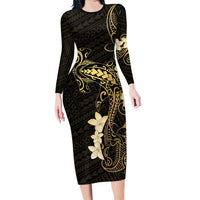 Black and Gold Hawaii Family Matching Long Sleeve Bodycon Dress and Hawaiian Shirt Hammerhead Shark Tattoo Curve Polynesian LT14 Mom's Dress Black - Polynesian Pride